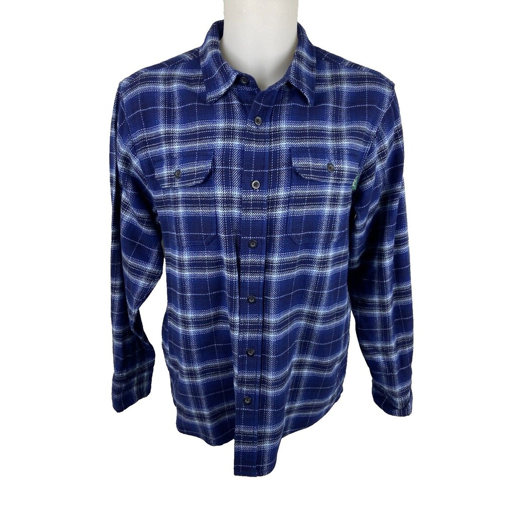 Woolrich Men Large Blue Plaid Heavyweight Flannel Shirt Shacket Outdoor Wear